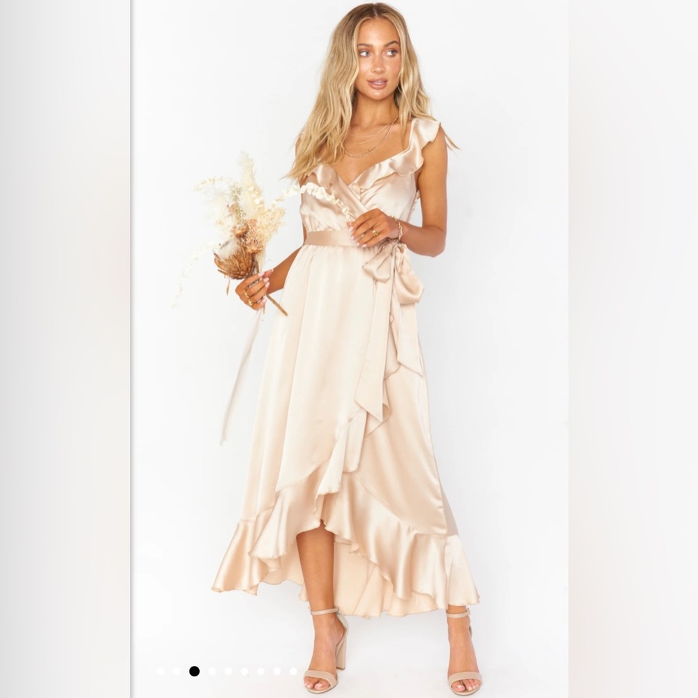 Show me your Mumu — Samantha Ruffle Wrap Dress — Medium — Champagne Luxe Satin